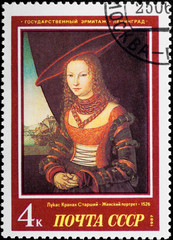 Postal stamp. Portrait woman, 1526.