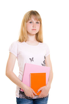 Teenager with books on white background.