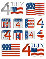 4th of july American independence day. Set of icons and flags