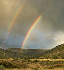 Desert Landscape: Double Rainbow over Sandia Mountains