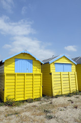 Beach huts by the sea at Littlehampton in Sussex