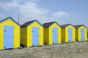 Beach huts by the sea at Littlehampton in Sussex