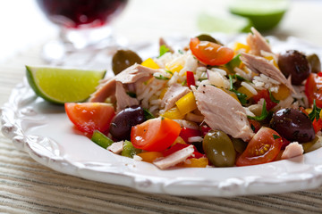 Rice salad with tuna,olives and vegetables