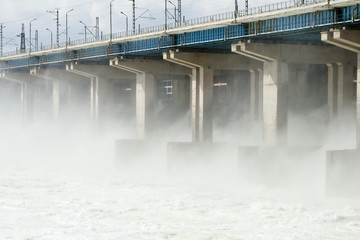 Reset of water at hydroelectric power station on the river