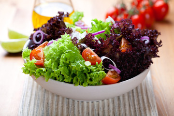 Freshly prepared summer salad on kitchen table