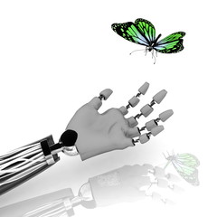 The butterfly on a hand of the robot