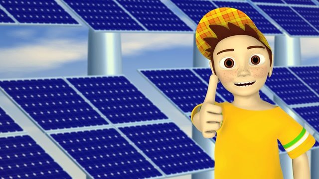 Junge h&auml;lt Daumen vor Solarzellen nach oben