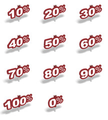 Complete set of percent red sign over a white background