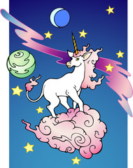 Space unicorn, on a rosy glowing cloud