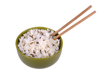 rice in a bowl with chopsticks