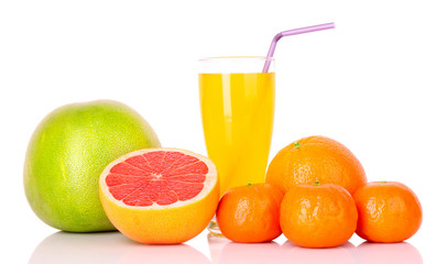 Orange juice and  citrus fruits  isolated on white