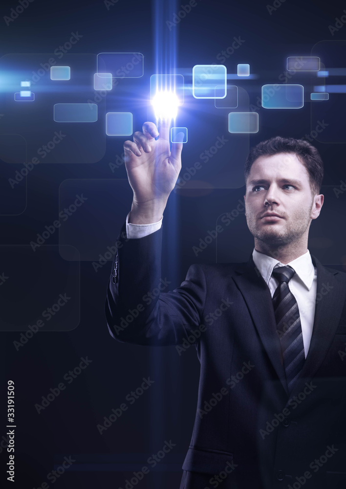 Poster business man pressing a touchscreen button