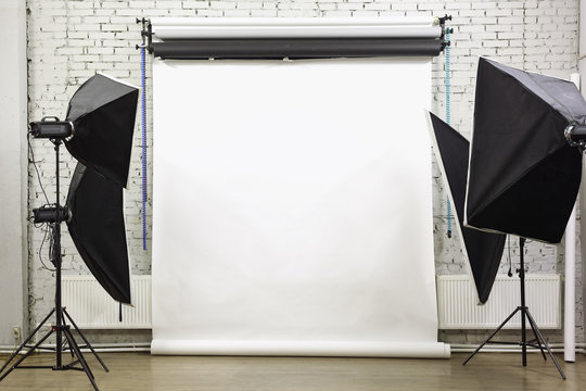 White background inside studio - light room with lamps