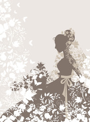 Vintage background with flowers and bride silhouette.