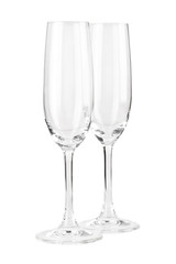 Two empty champagne glasses isolated on white