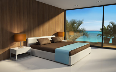 3d interior exotic modern hotel bedroom with sea view