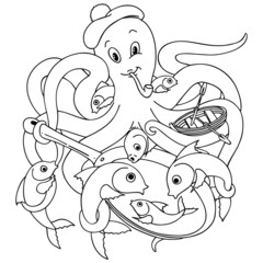 Polpo Piovra e Pesci Cartoon-Octopussy and Fishes-Vector