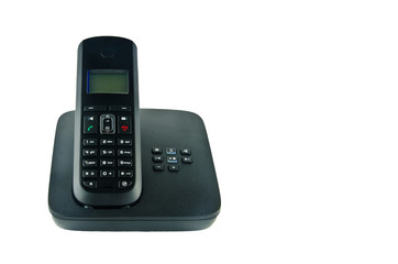 Obraz premium Wireless black telephone with cradle isolated on white backgroun