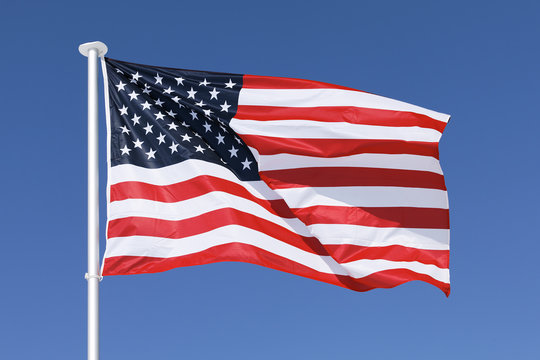 USA banner in blue sky in summer
