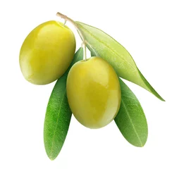 Foto auf Leinwand Isolated olives. Two green olives on branch with leaves isolated on white background © ChaoticDesignStudio