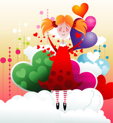 niña volando entre corazones