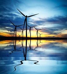 Papier Peint photo autocollant Moulins Énergie éolienne au coucher du soleil