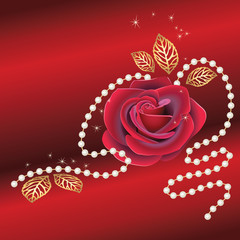 Greeting card with red rose and pearls