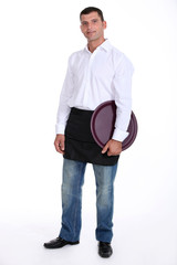 Fototapeta premium Casual waiter on white background