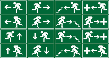Green emergency exit sign, icon and symbol set