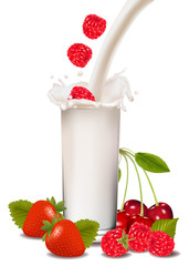 Raspberry and strawberry falling into the milk splash.
