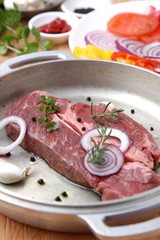 Fresh Raw Beef on frying-pan