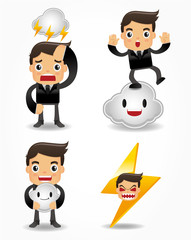 funny cartoon office worker with weather element icon set