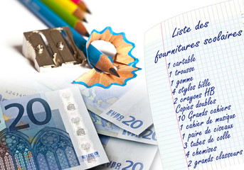 Collage de photos budget  et coût de la rentrée des classes en France, liste de fournitures scolaires, crayons de couleurs, billets de banque en euros
