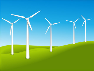 Green field with wind turbines