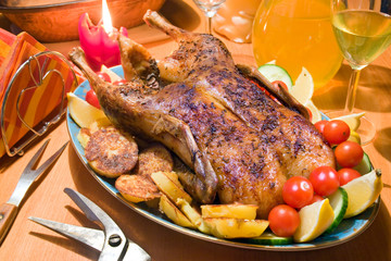 Roasted duck on the table..