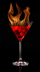 Burning Martini drink isolated on black background