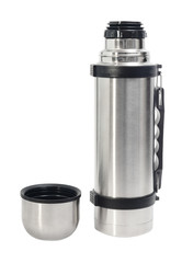thermos flask with handle and cup isolated on white