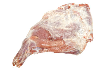 Closeup of defrosted raw lamb leg isolated on white