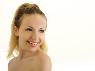 Fototapeta premium Happy woman with beautiful white teeth, isolated