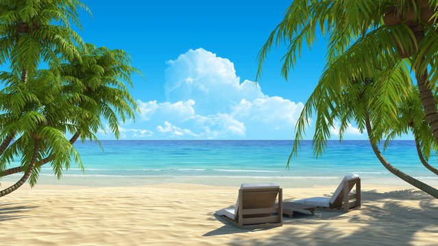 Two beach chairs on idyllic tropical white sand beach