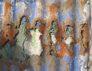 Old pealing paint on a rusty corrugated iron wall