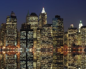 Lower Manhattan at Night with River Reflections