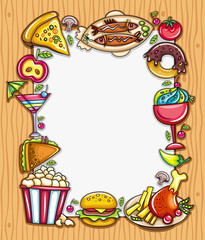 composition surrounded by colorful food icons