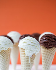 Ice cream cones - organic vanilla & chocolate. Shallow dof
