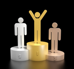 Podium with three stick men. 1 winner and 2 loosers