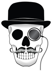 Illustration of a skull with hat mustache and monocle