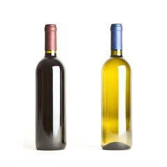 Red and white wine bottles on white background