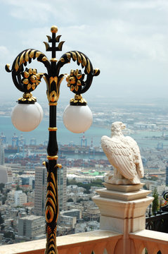 View of Haifa city and eagle statue at Bahai gardens,Israel