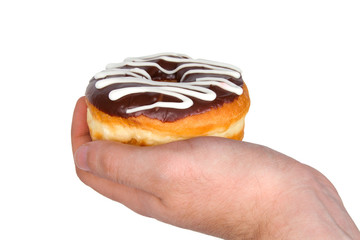 Hand Offering a Delicious Donut with a White Background