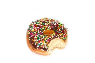 Donut with Sprinkles with Bite Missing on a White Background